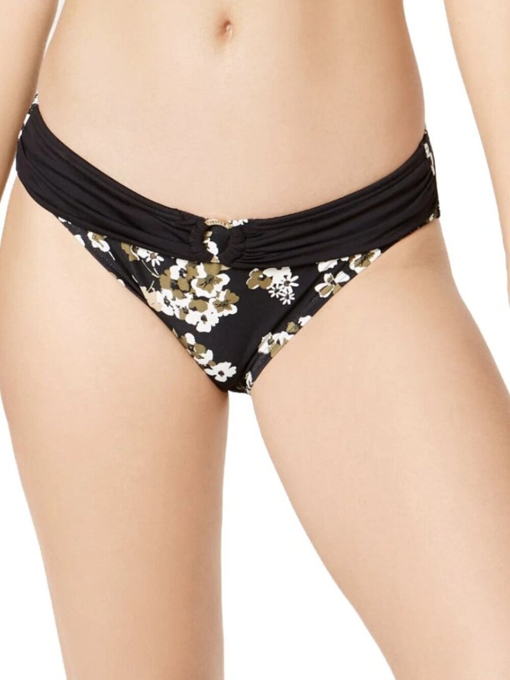 MICHAEL KORS Logo Ring Hipster Bikini Bottoms Black Green Floral Size L NWT